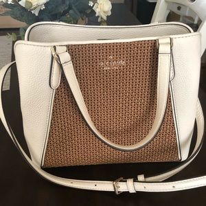 Kate Spade white leather and woven straw satchel